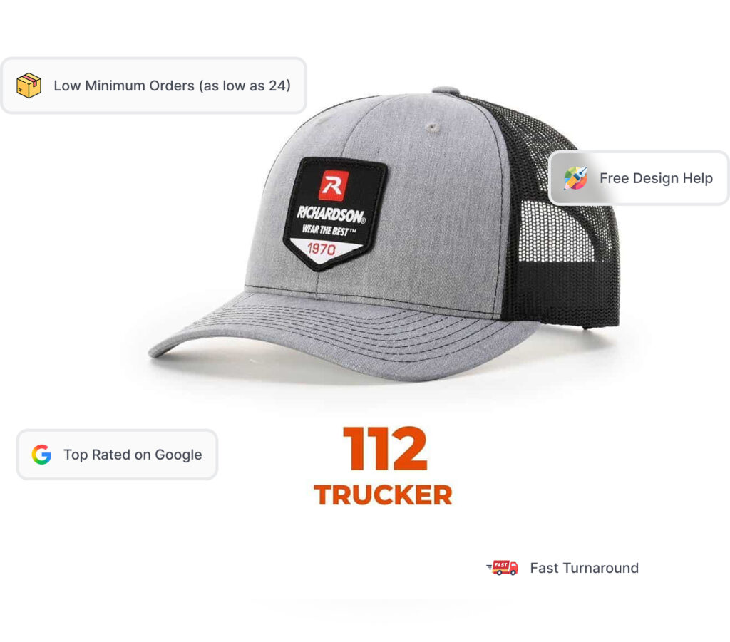 Heather grey and black Richardson 112 trucker hat with shield patch
